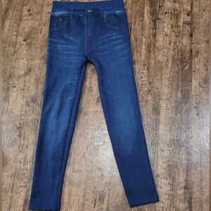 Faux Denim Dark Blue Printed Thread Loop Distressed Detail Skinny Leggings